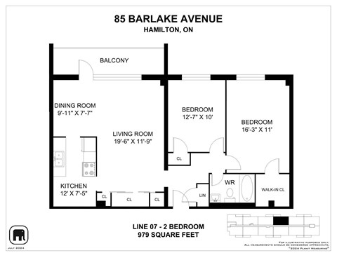 Floor plan for 2 beds, 1 bath, 979 sqft